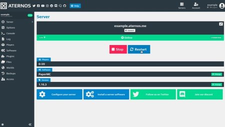 Интерфейс панели управления сервера Aternos